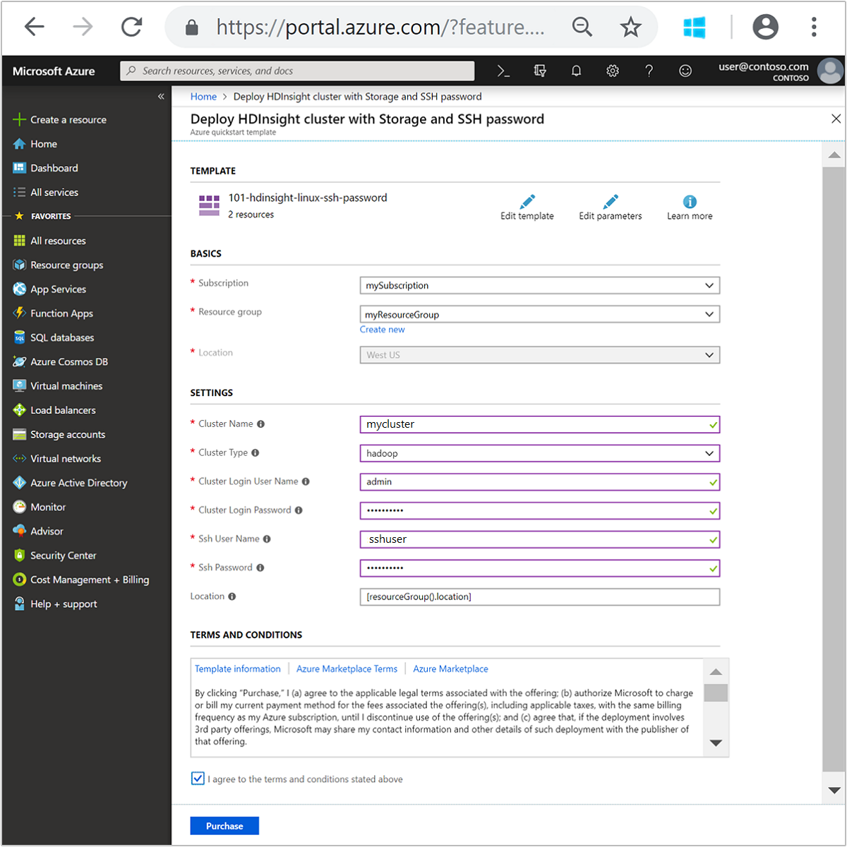 HDInsight Linux: Erste Schritte mit der Resource Manager-Vorlage im Portal.