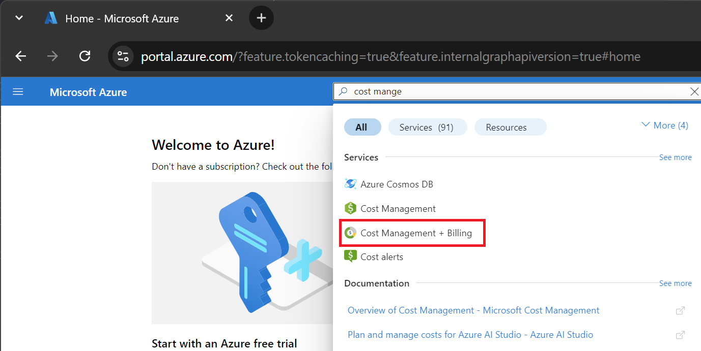 Screenshot: Suchen nach „Kostenverwaltung + Abrechnung“ im Azure-Portal