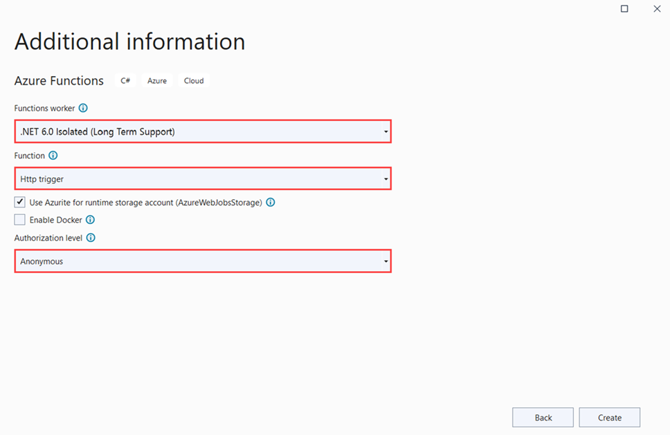 Screenshot der Azure Functions-Projekteinstellungen.