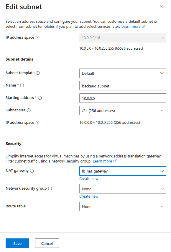 Screenshot des Umbenennens und Konfigurierens des Standardsubnetzes