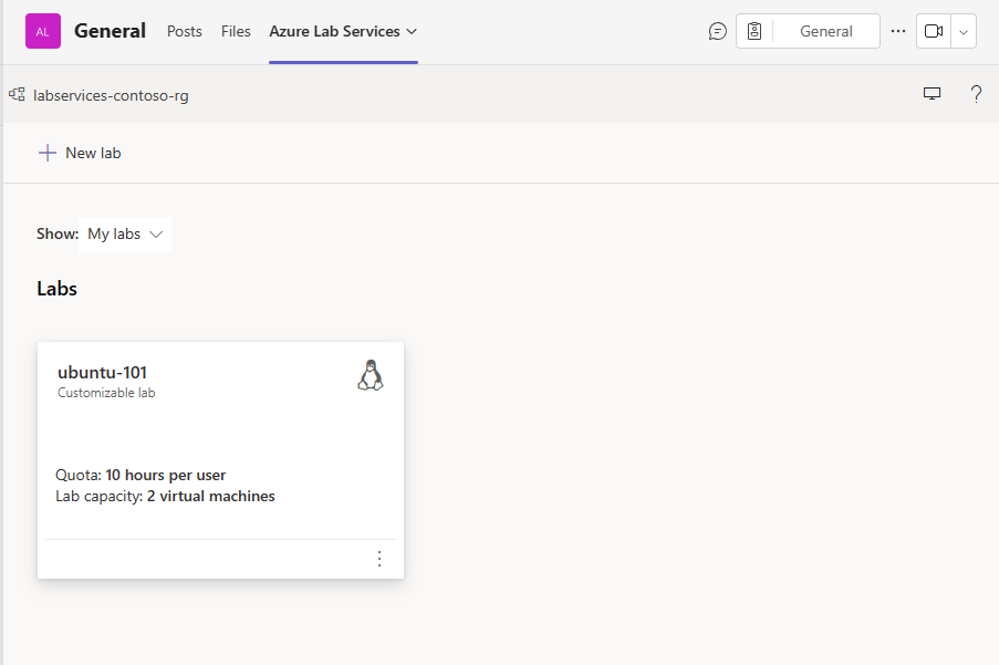 Screenshot zeigt die Liste der Labs in Microsoft Teams.