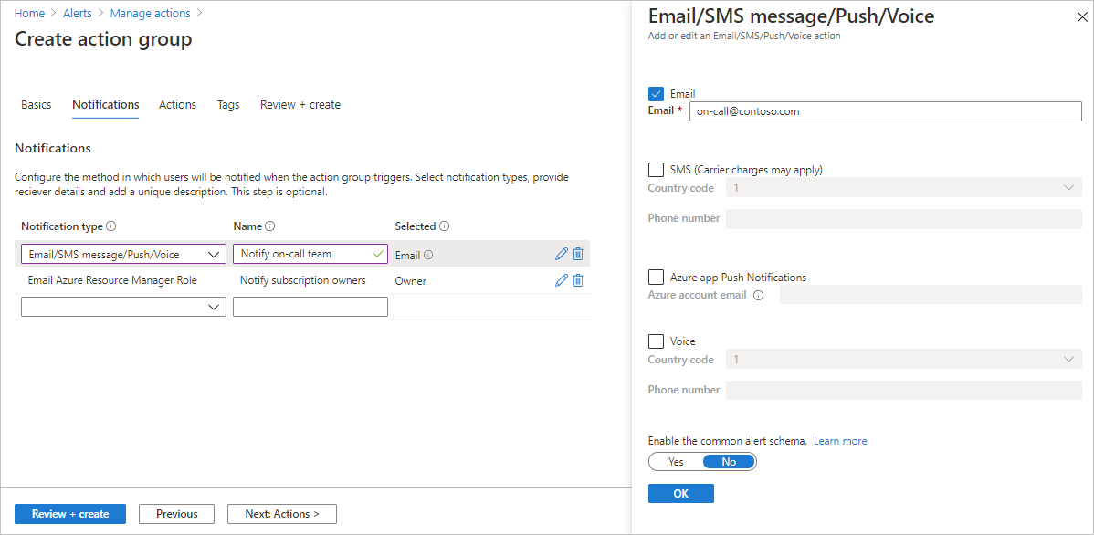 Screenshot: Registerkarte „Benachrichtigungen“ des Dialogfelds „Aktionsgruppe erstellen“. Konfigurationsinformationen für eine E-Mail-Benachrichtigung sind sichtbar.