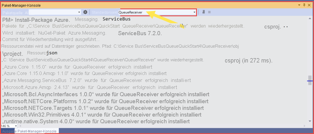 Screenshot: Ausgewähltes Projekt „QueueReceiver“ in der Paket-Manager-Konsole