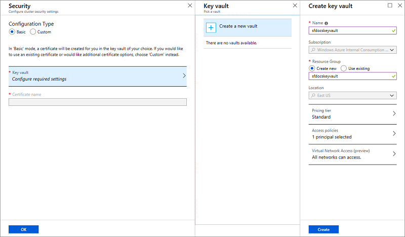 Screenshot shows the Security page with Basic selected with the Key vault pane and Create key vault pane.