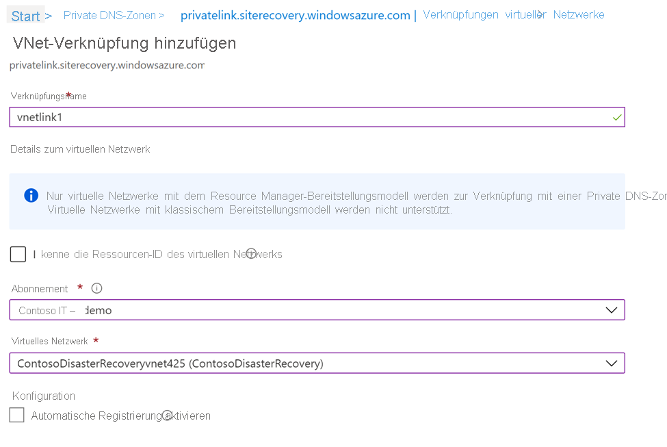 Seite zum Hinzufügen eines VNET-Links mit Linkname, Abonnement und zugehörigen virtuellen Netzwerken im Azure-Portal