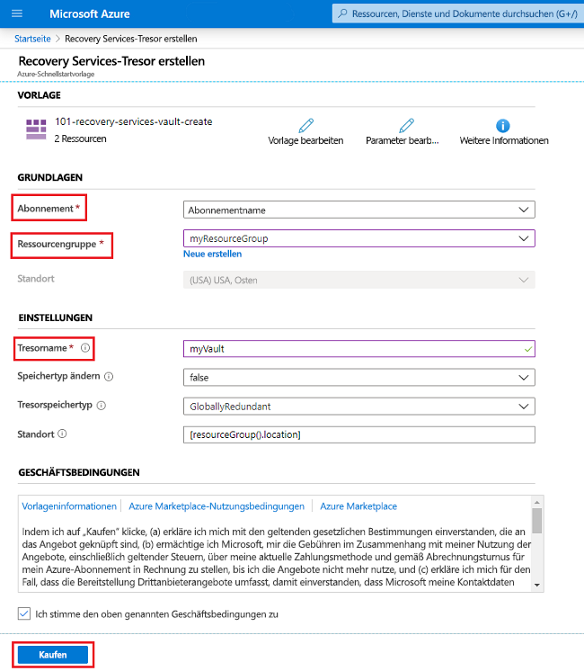 Vorlage zum Erstellen eines Recovery Services-Tresors