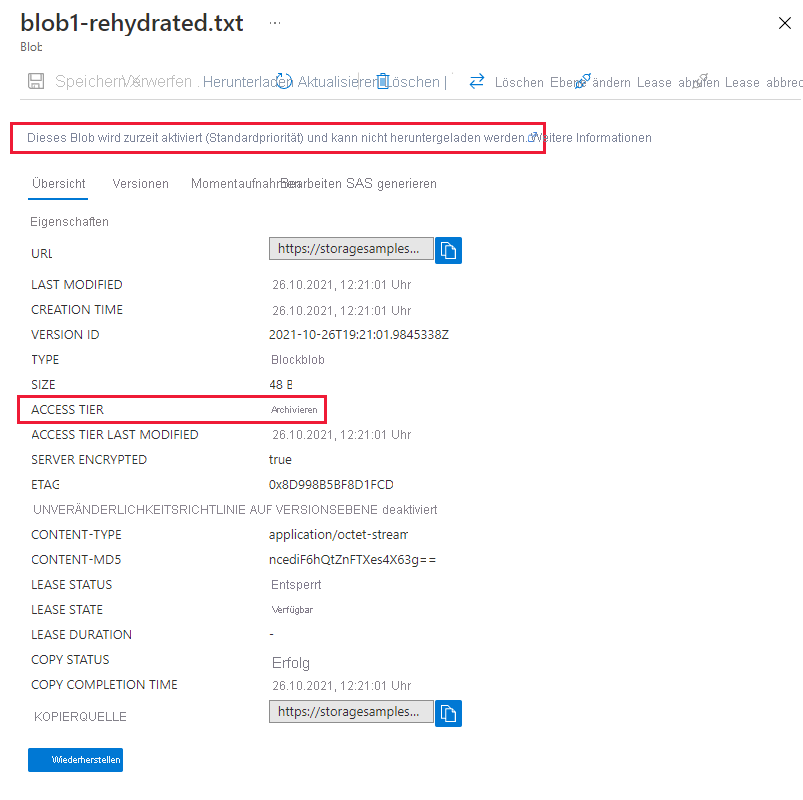 Screenshot showing destination blob in archive tier and rehydrating with Standard priority.