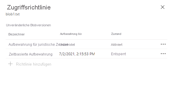 Screenshot: konfigurierte Aufbewahrungrichtlinie für juristische Zwecke für eine Blobversion