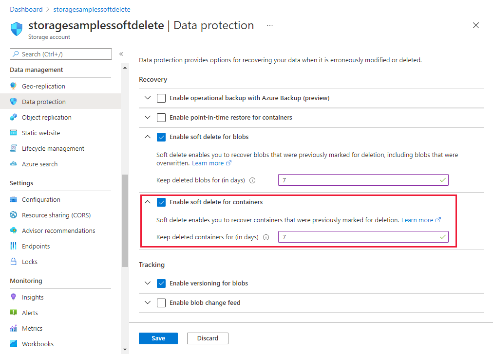 Screenshot: Aktivieren des vorläufigen Löschens von Containern im Azure-Portal