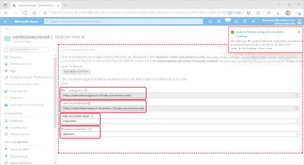 Abbildung, die die Eigenschaften der statischen Website im Azure-Portal zeigt