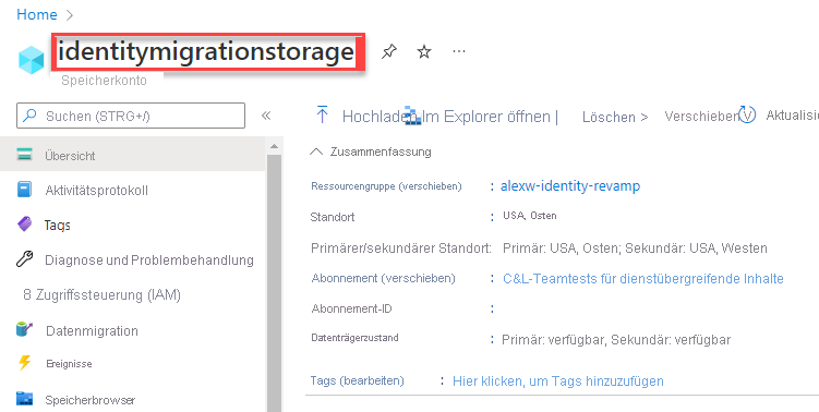 Screenshot: Ermitteln des Namens des Speicherkontos.