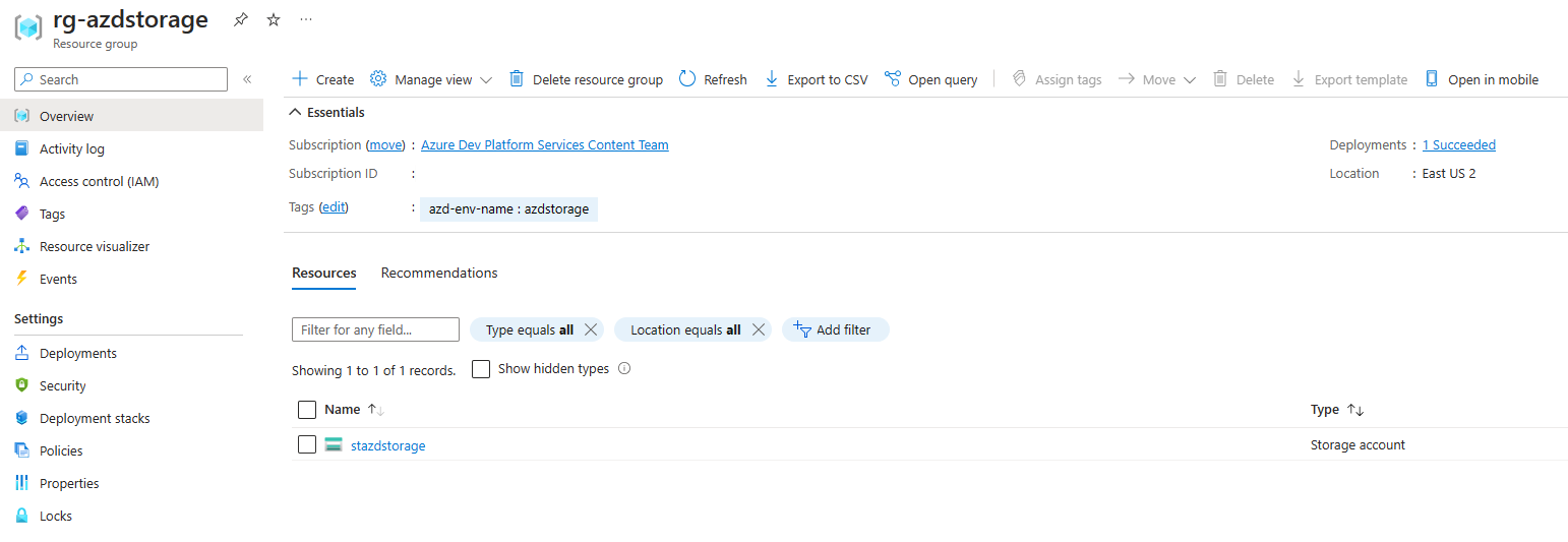Screenshot der bereitgestellten Ressourcengruppe und des Speicherkontos.