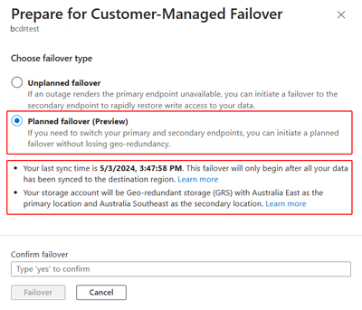 Screenshot der im Fenster „Failover vorbereiten“ ausgewählten Option „Geplantes Failover“