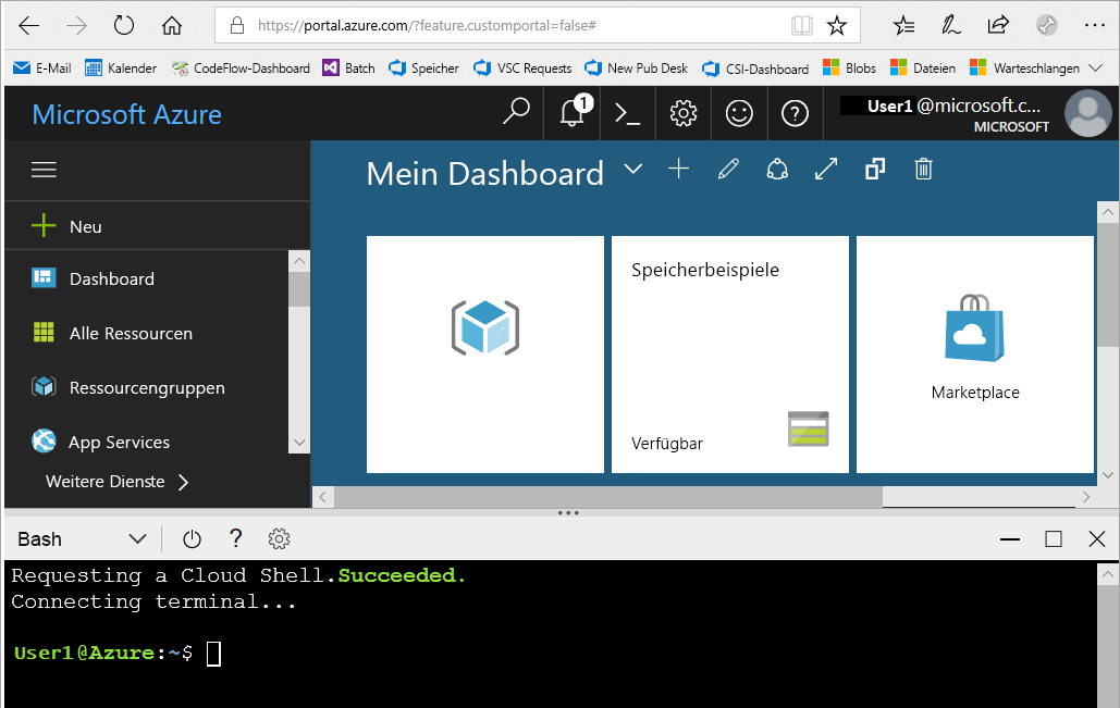 Screenshot des Fensters „Cloud Shell“ im Portal