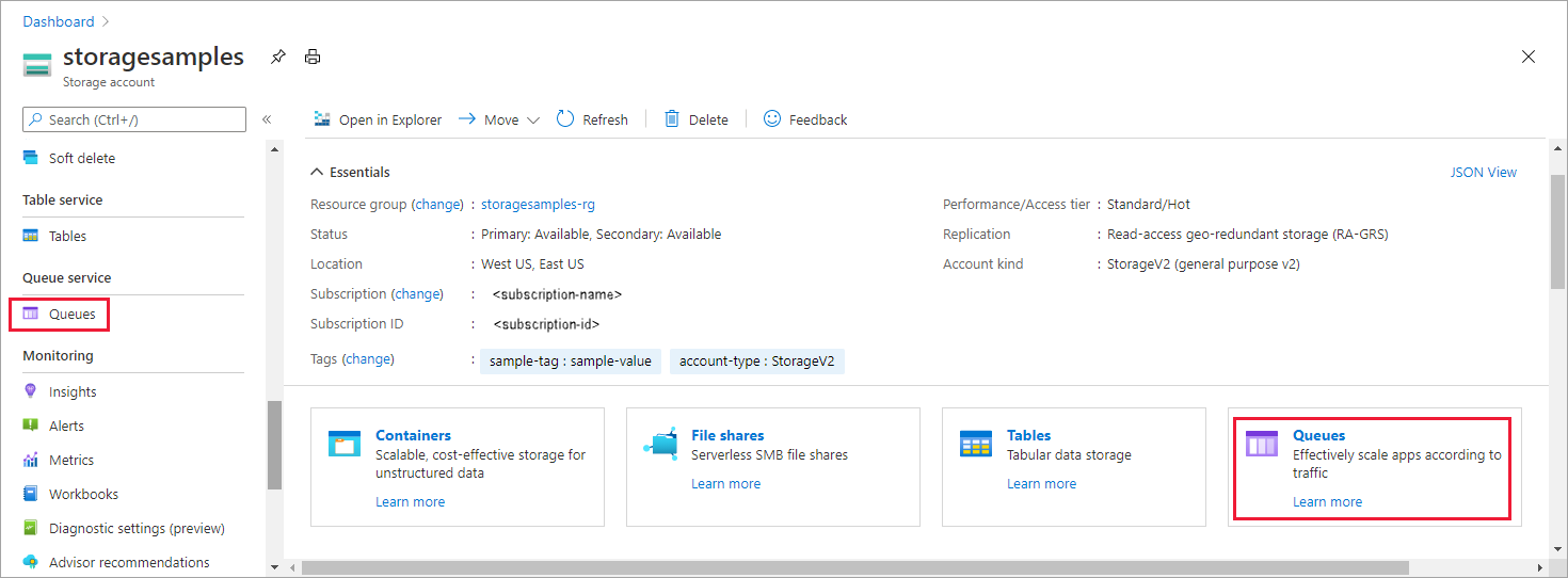 Screenshot showing how to navigate to queue data in the Azure portal