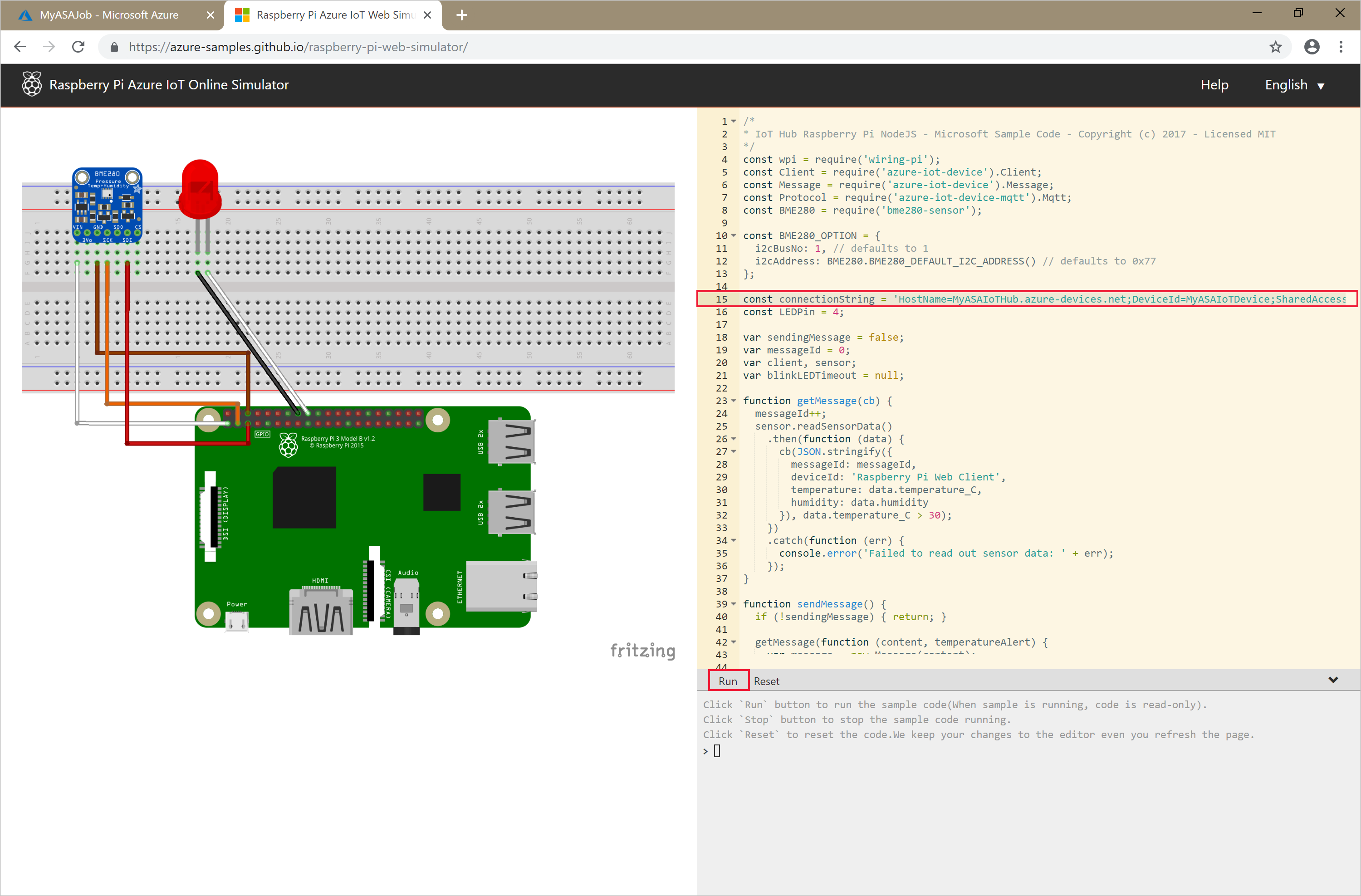 Screenshot zeigt den Raspberry Pi Azure IoT-Onlinesimulator.