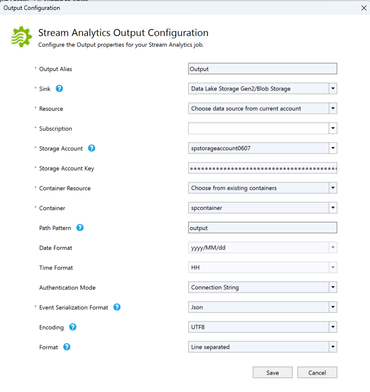 Screenshot zeigt die Seite „Stream Analytics-Ausgabekonfiguration“.