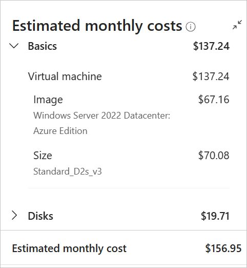 Screenshot der geschätzten Kosten für VMs auf der Erstellungsseite im Azure-Portal.