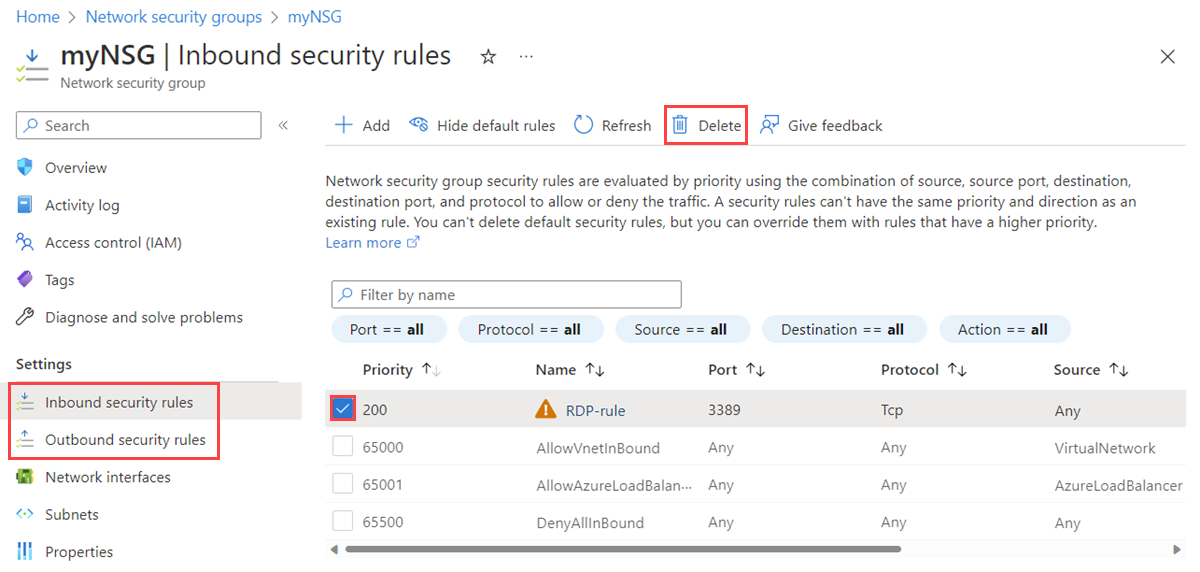 Screenshot des Löschens einer Sicherheitsregel für eingehenden Datenverkehr einer NSG im Azure-Portal