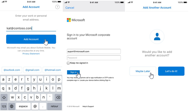 Onboarding für Outlook für iOS und Android.