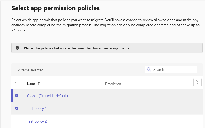 Screenshot: Benutzeroberfläche zur App-zentrierten Verwaltungsmigration zum Auswählen von Richtlinien