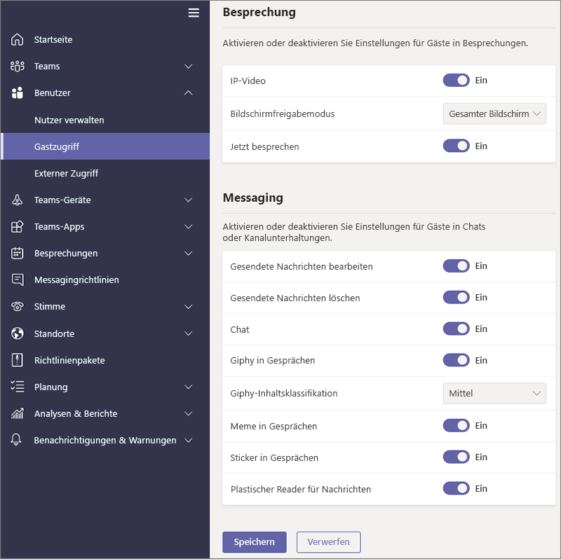 Einstellungen von Gastberechtigungen in Teams.
