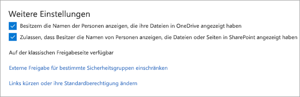 Screenshot: Andere Freigabeeinstellungen.