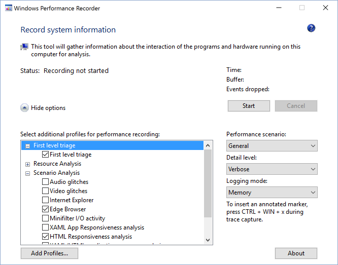 Windows Performance Record Options