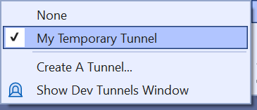 Flyout „Entwicklungstunnel“ in der Dropdownliste „Debuggen“ mit dem neuen Tunnel