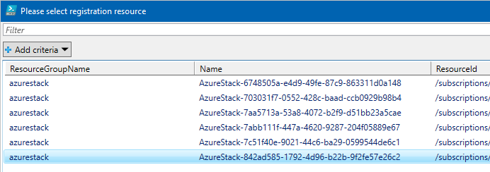 Der Screenshot zeigt eine Liste aller Azure Stack-Registrierungen, die im ausgewählten Abonnement verfügbar sind.