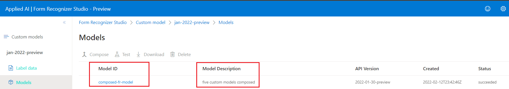 Screenshot der ID eines zusammengesetzten Modells in Document Intelligence Studio