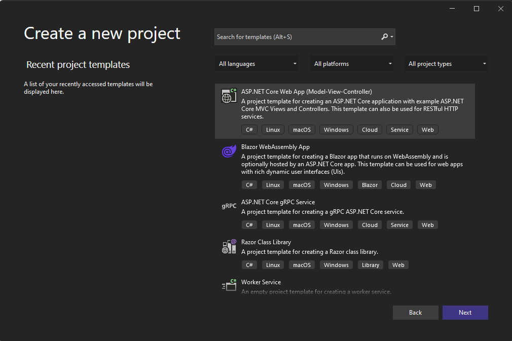 Screenshot des Visual Studio-Bildschirms zum Erstellen eines neuen Projekts.