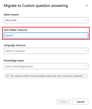 Migrieren von QnA Maker mit rotem Auswahlfeld um die Auswahloption für die QnA Maker-Ressource