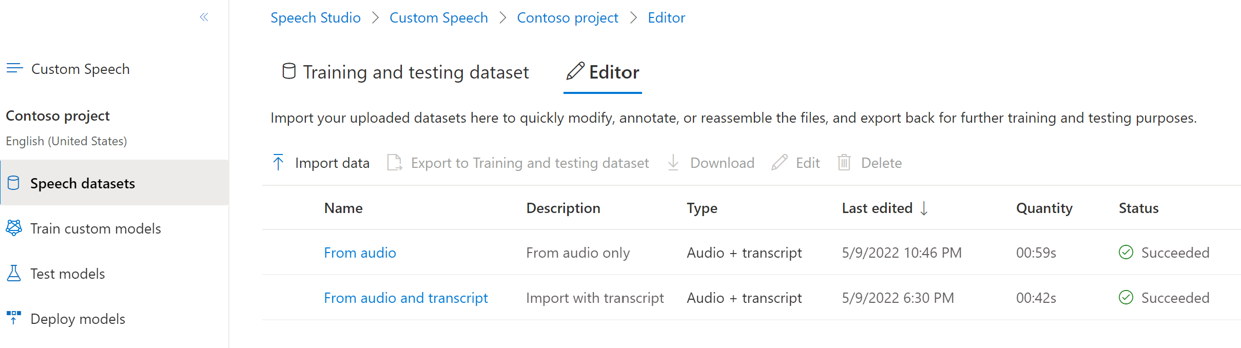 Screenshot der Seite „Speech-Datasets“ mit der Registerkarte „Editor“