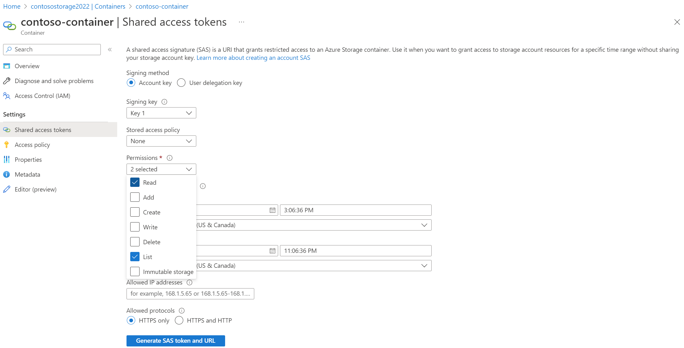 Screenshot: SAS-URI-Berechtigungen des Containers