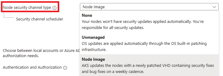 Screenshot des Azure-Portals mit der Option „Knotensicherheitskanaltyp“ auf der Registerkarte „Grundlagen“ der Seite zum Erstellen von AKS-Clustern.