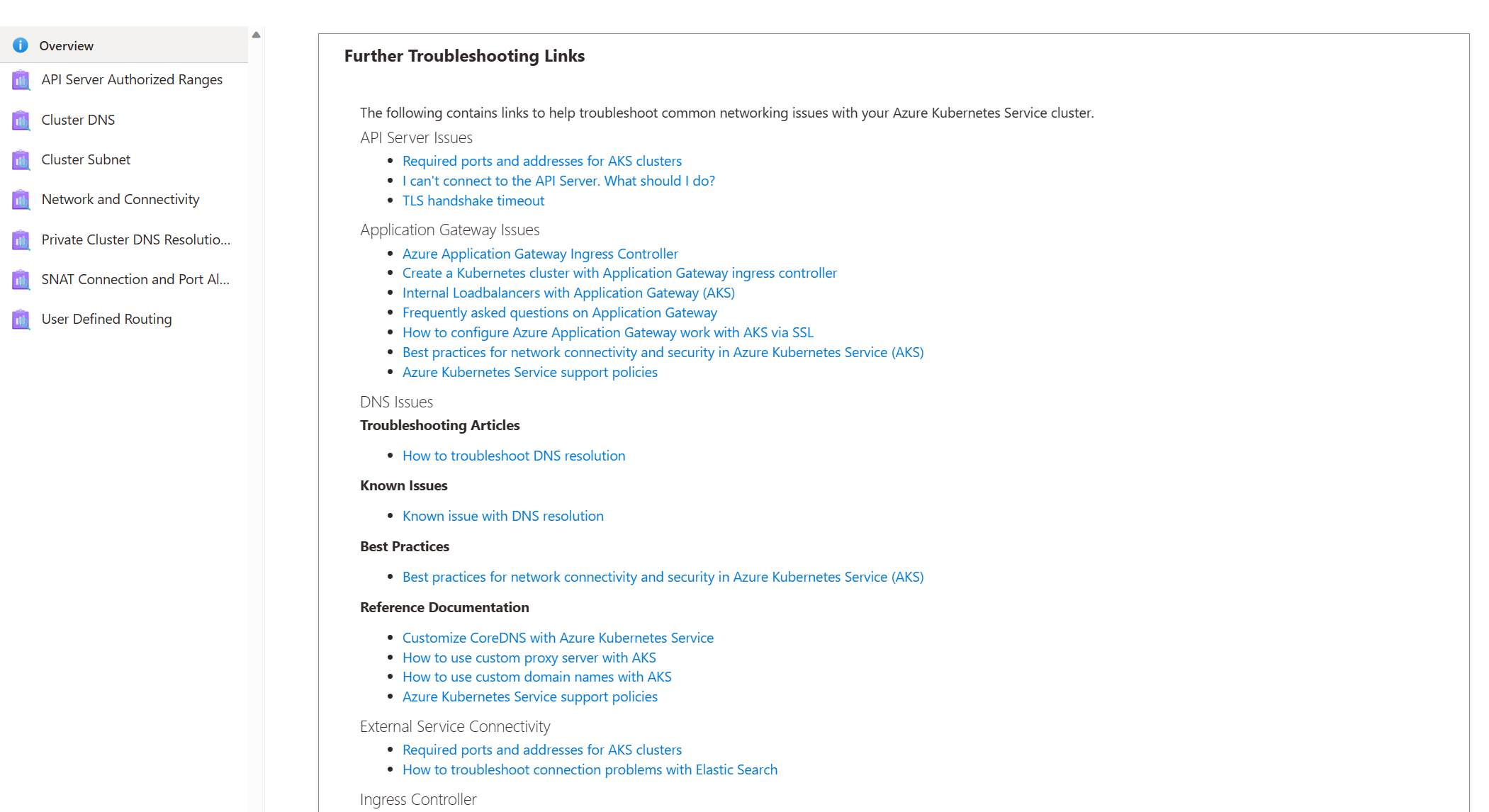 Screenshot: AKS-Diagnose und Problembehandlung: Ergebnisse – zusätzliche Dokumentation