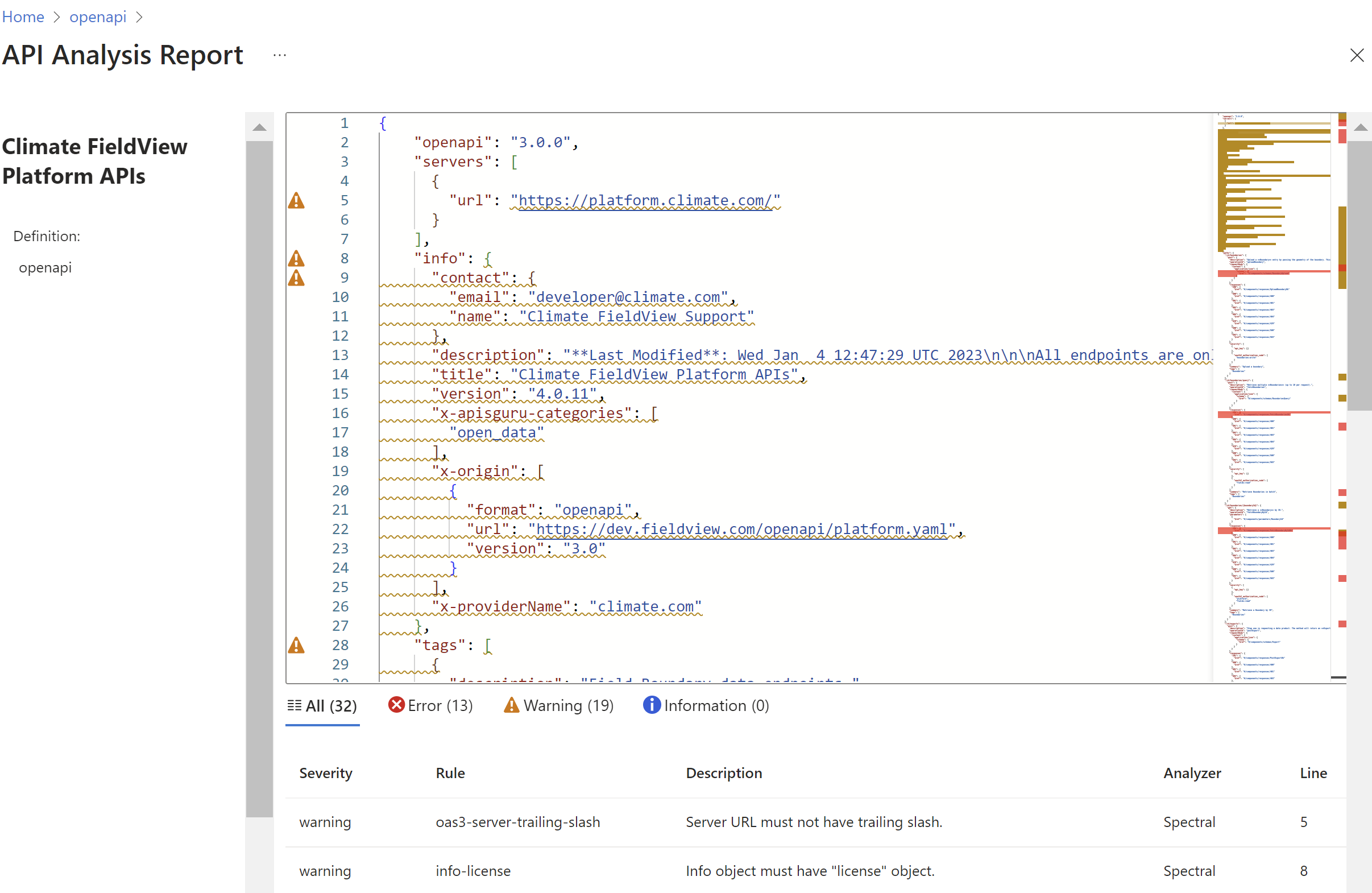 Screenshot eines API-Analyseberichts im Portal.