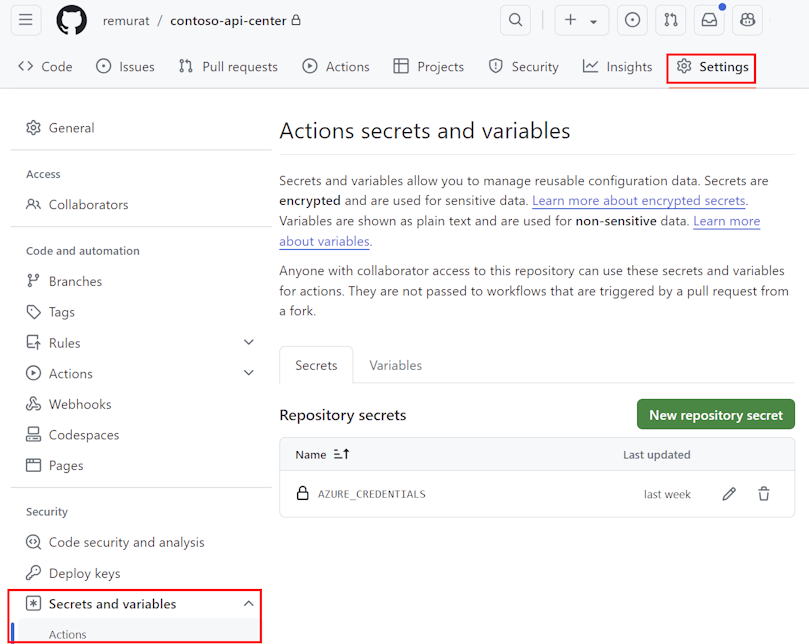 Screenshot: Geheimnisse für Aktionen in einem GitHub-Repository