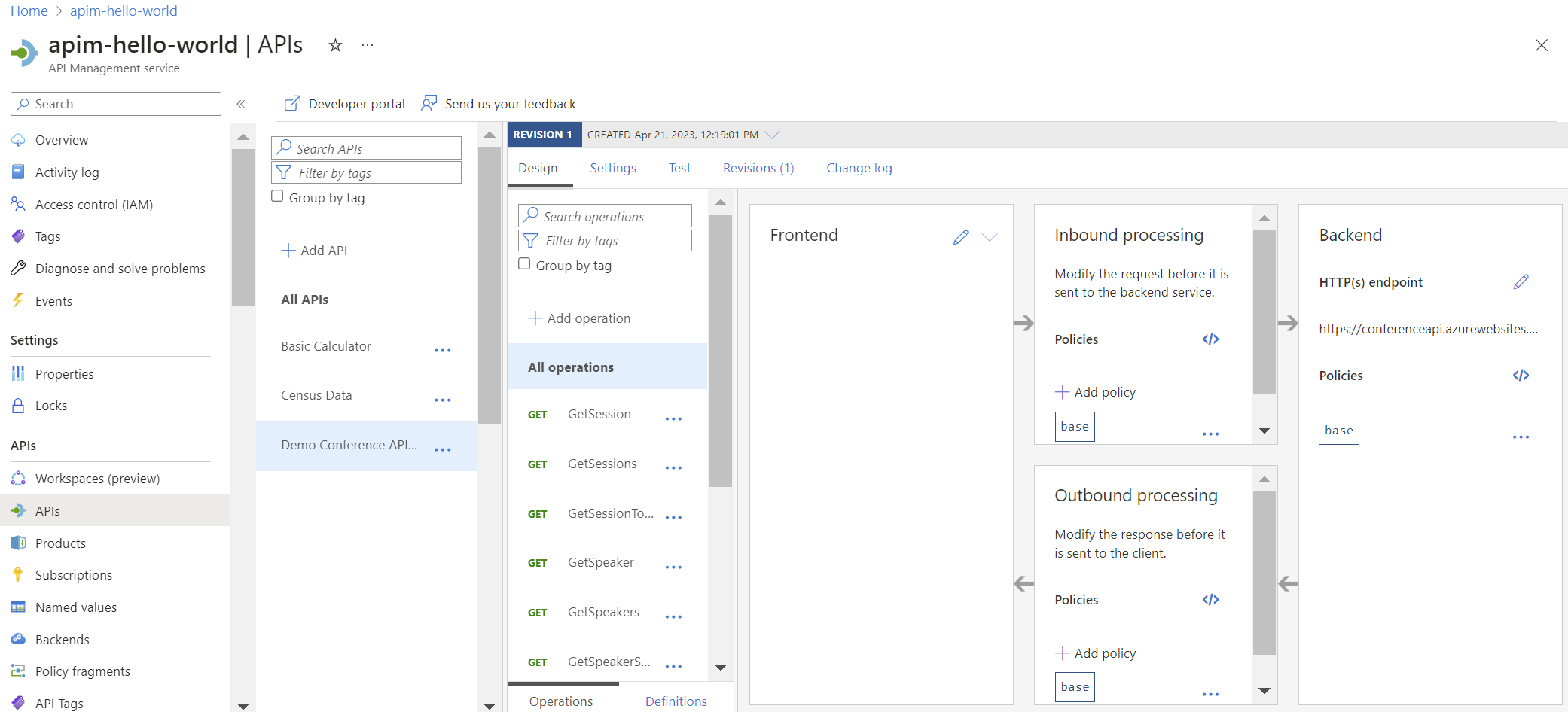 Screenshot einer neuen API in API Management im Portal.