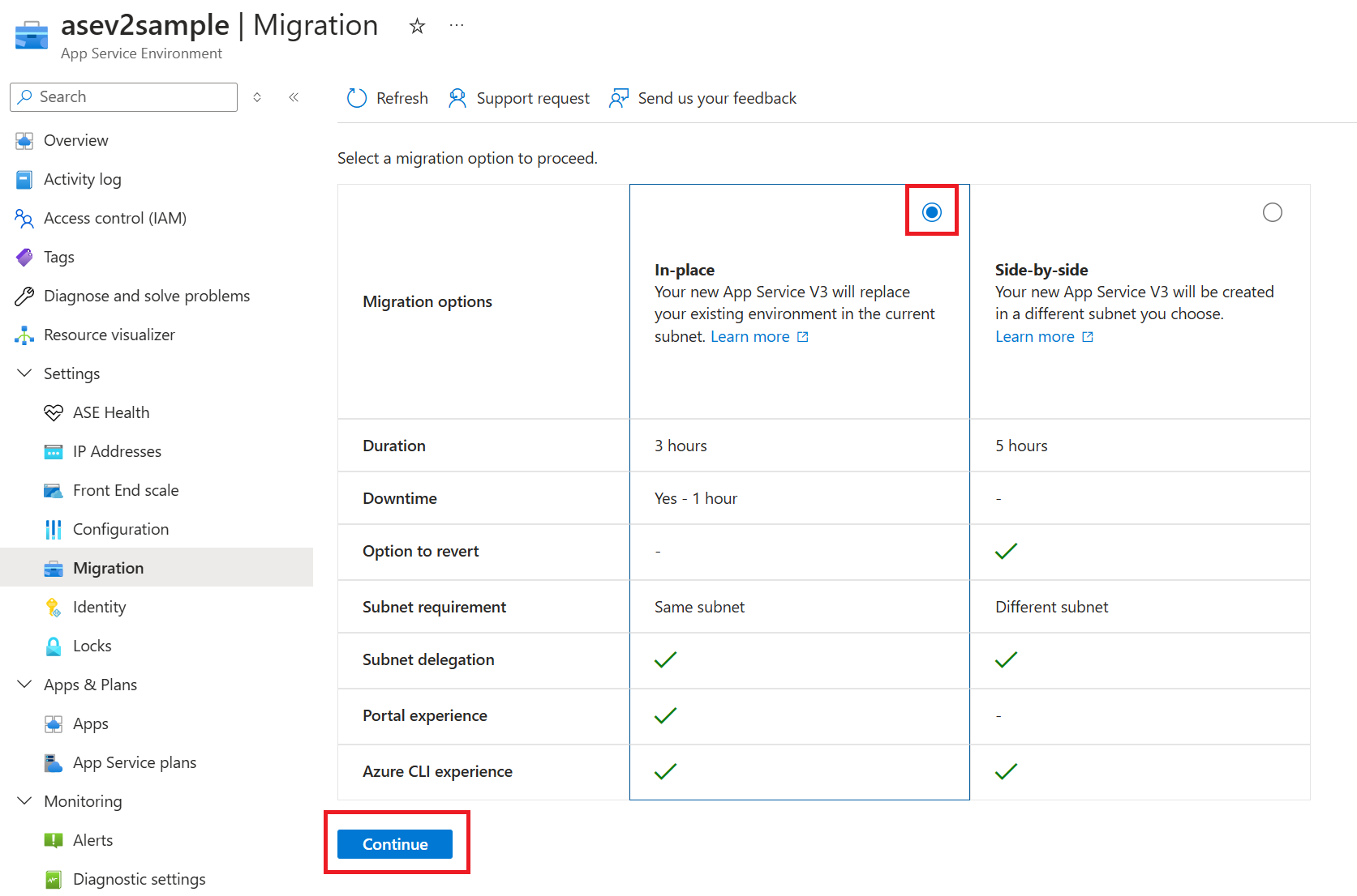 Screenshot: Tabelle mit den Migrationsoptionen.