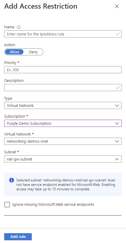 Screenshot: Bereich „Add IP Restriction“ (IP-Einschränkung hinzufügen) mit Auswahl des Typs „Virtual Network“