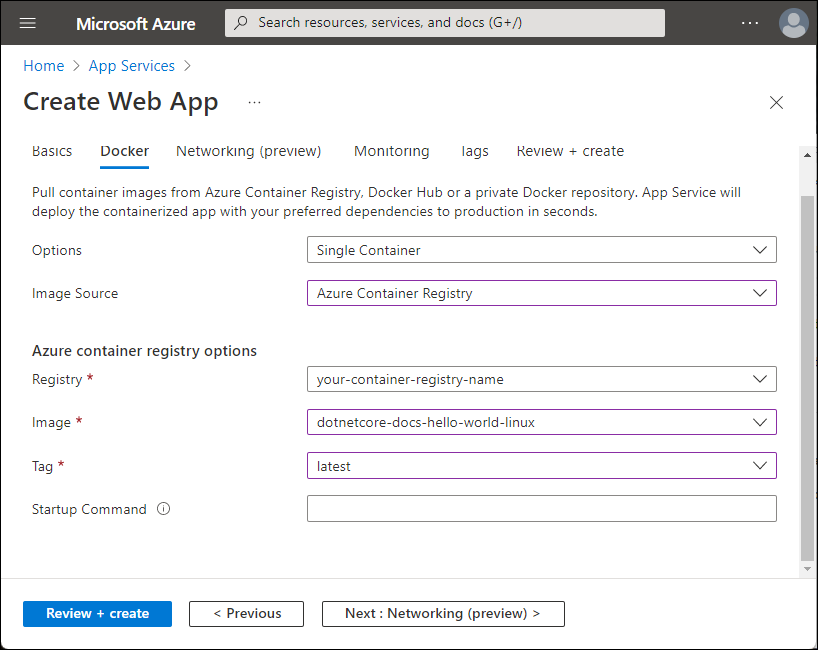 Screenshot der Azure Container Registry-Optionen.