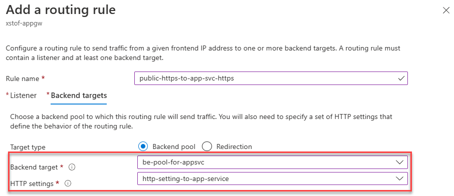 Hinzufügen einer neuen Routingregel vom Listener zum App Service-Back-End-Pool mithilfe der konfigurierten HTTP-Einstellungen