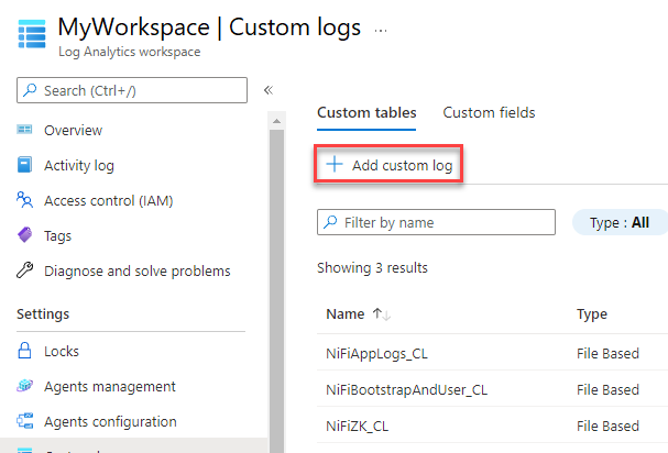 Screenshot der Seite „Benutzerdefinierte Protokolle“ im Azure-Portal mit hervorgehobener Option „Benutzerdefiniertes Protokoll hinzufügen“