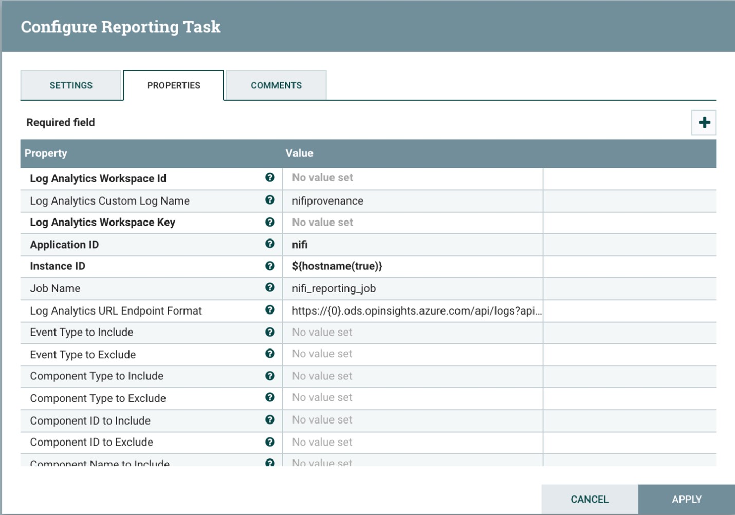 Screenshot des NiFi-Fensters „Configure Reporting Task“ (Berichtstask konfigurieren). das Menü „Properties“ (Eigenschaften) wird angezeigt. Es enthält Werte für Log Analytics-Einstellungen.