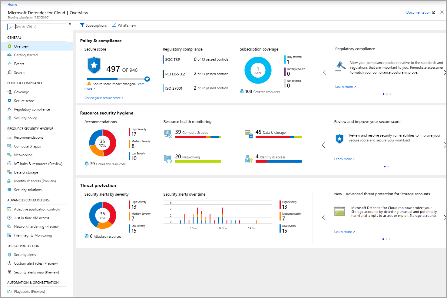 Das Dashboard-Blatt „Übersicht“ von Defender für Cloud Overview wird geöffnet