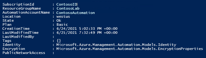 Ausgabe des Cmdlets „Set-AzAutomationAccount“.