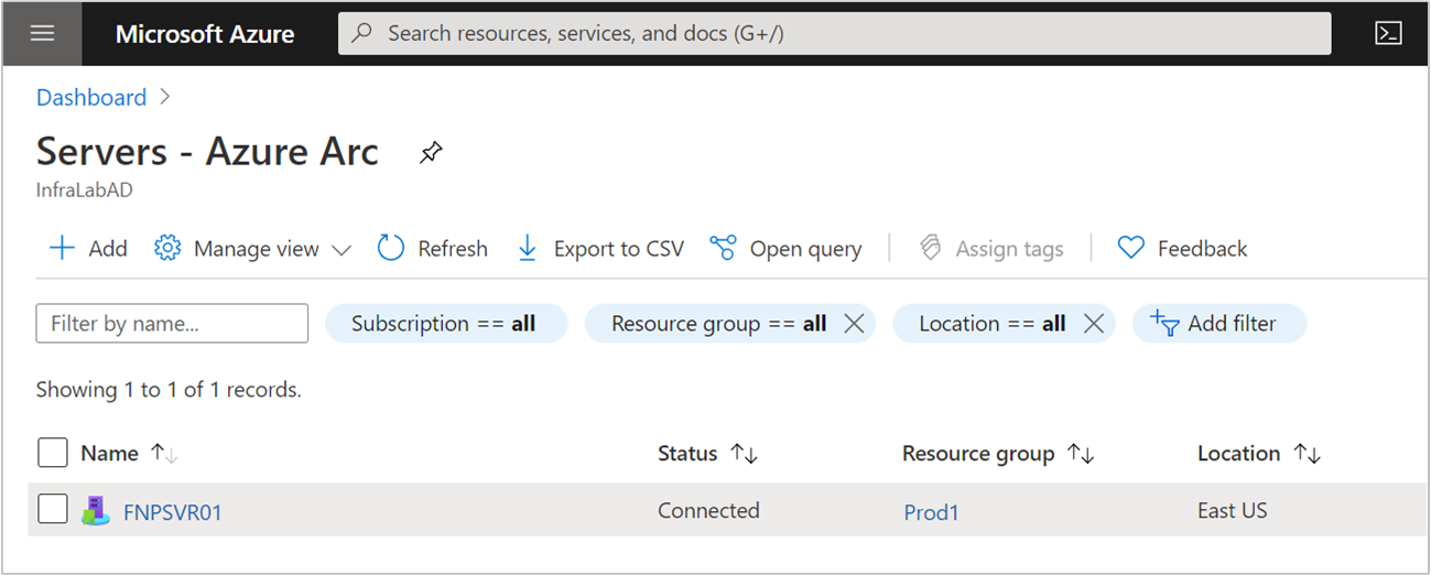 Screenshot des Azure-Portals mit erfolgreichem Onboarding von Azure Arc-fähigen Servern.