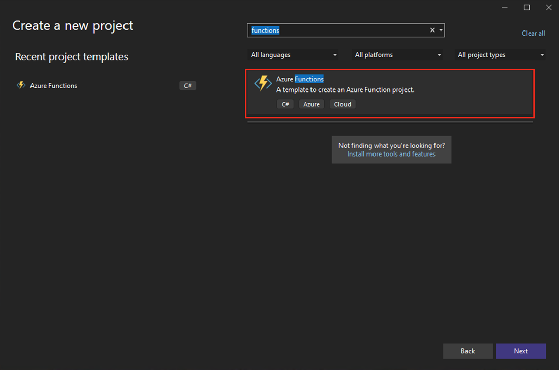 Screenshot des Dialogfelds „Neues Projekt“ in Visual Studio